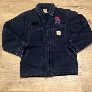 VTG Detroit Lined Chore Carhartt Men’s Distressed Canvas  Denim Jacket Sz L Navy